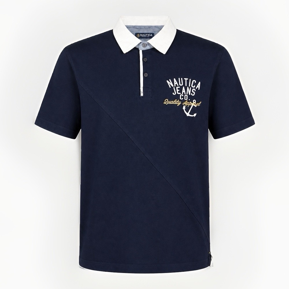 Nautica Rugby Polo Shirt Men's Large Navy Short Sleeves White Collar Sailor Logo